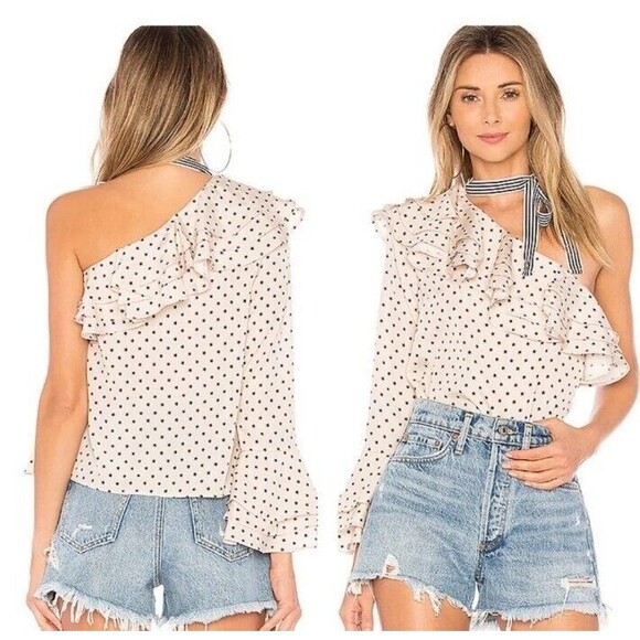 Lovers + Friends S Maya Top Ivory Star Polka Dot Ruffle One Shoulder Blouse NWT - Picture 1 of 11
